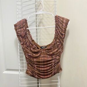 3/15$ Just Polly Brown Plaid Bustier Ruched Top